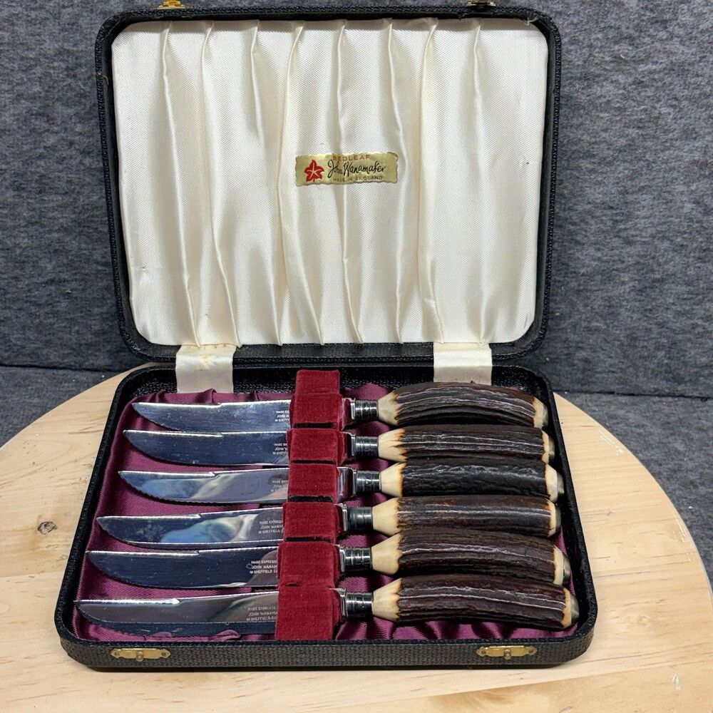 Vintage Sheffield England Stag Handle Steak Knives – Set of 6 in Original Case